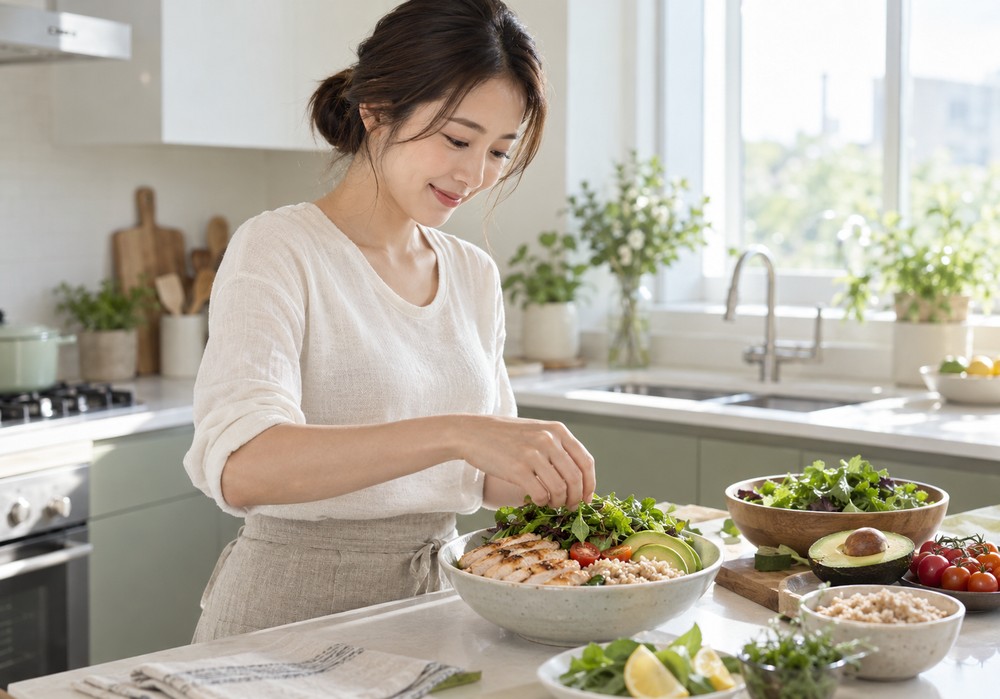 밝은 부엌에서 닭가슴살과 채소, 아보카도가 담긴 샐러드 볼을 손질하는 동양인 여성