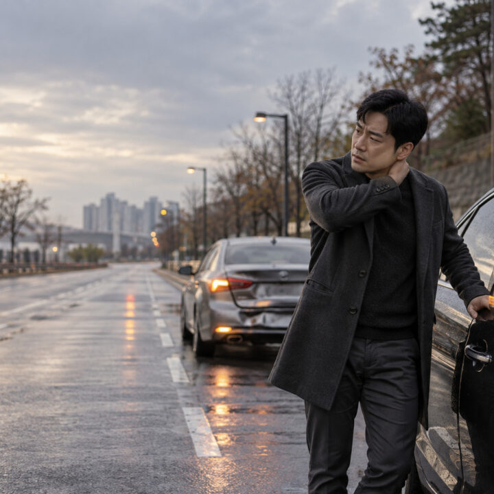안산 교통사고 1인실 – 비 온 도로에서 차 옆에 서서 목을 짚는 남성