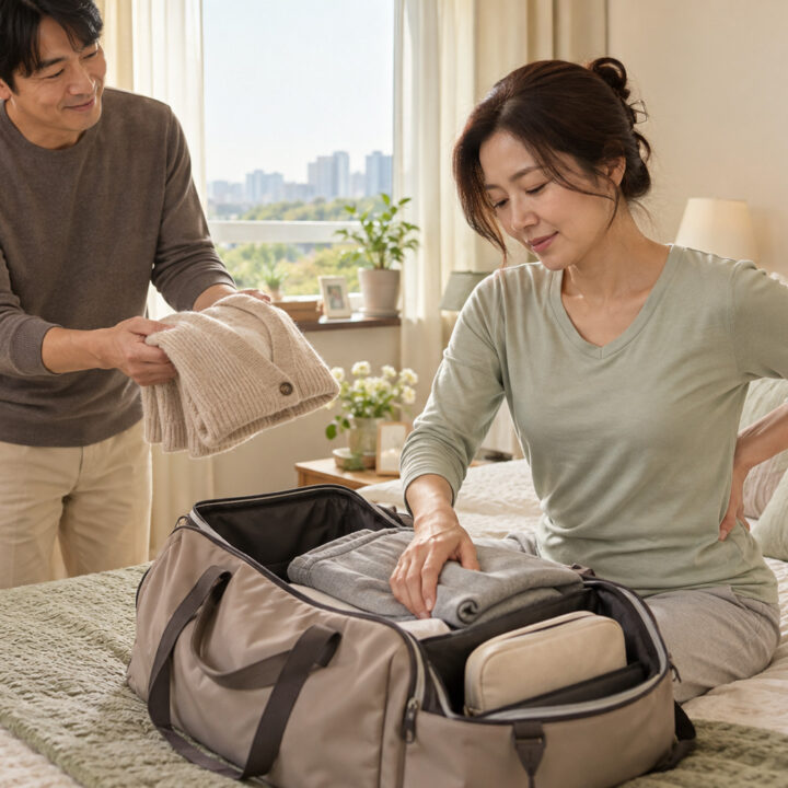 안산 교통사고 입원 가능 – 침대에 앉아 한 손을 허리에 댄 여성이 가방에 옷을 챙기고 남성이 접은 옷을 건네는 모습