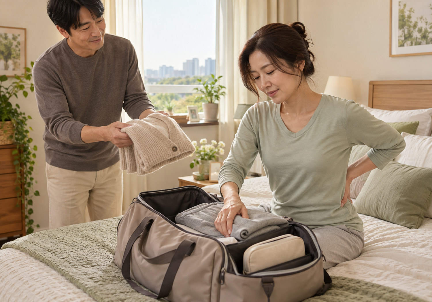 안산 교통사고 입원 가능 – 침대에 앉아 한 손을 허리에 댄 여성이 가방에 옷을 챙기고 남성이 접은 옷을 건네는 모습