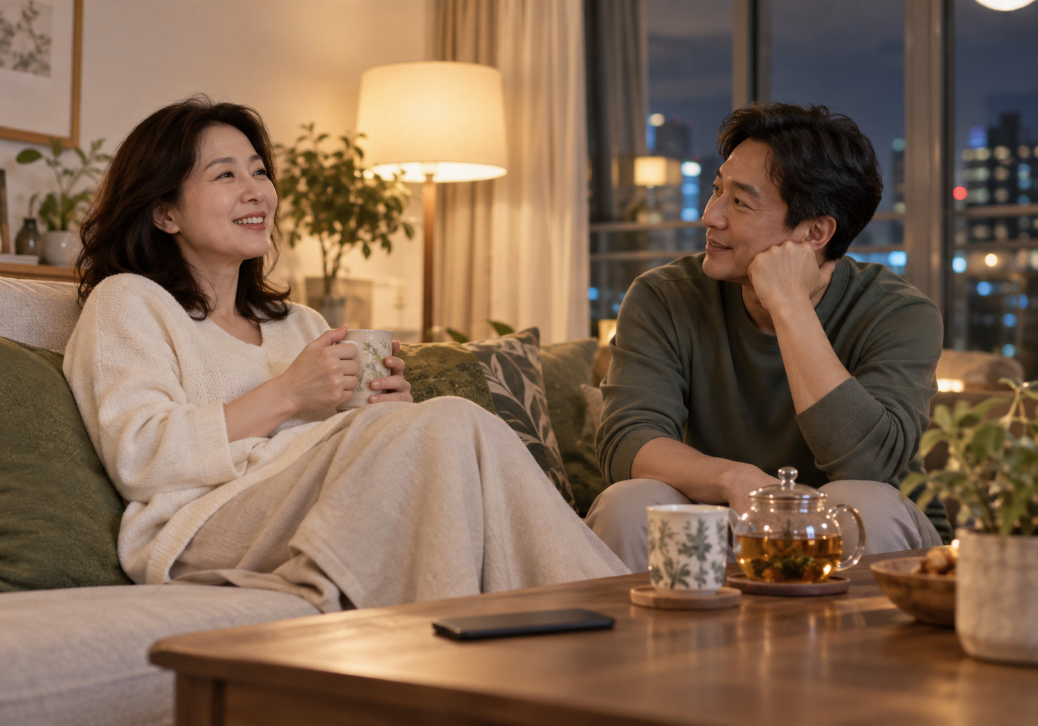 안산 야간진료 한의원 후기 – 밤에 남성과 여성이 거실 소파에 앉아 찻잔을 곁에 두고 대화하는 모습
