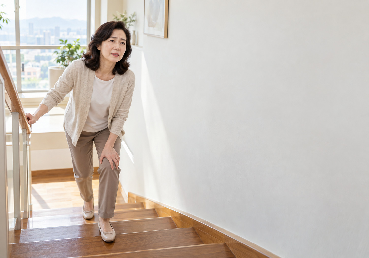안산 무릎통증 치료 – 여성이 계단에서 한 손으로 난간을 잡고 다른 손을 무릎에 대는 모습