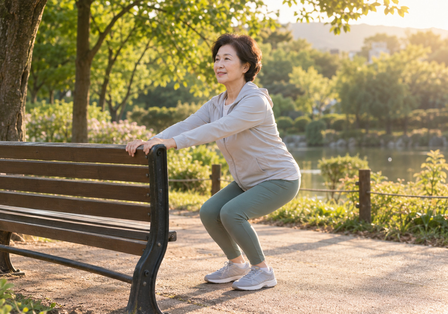 안산 무릎통증 치료 – 공원에서 여성이 벤치 등받이를 양손으로 잡고 무릎을 굽히는 모습