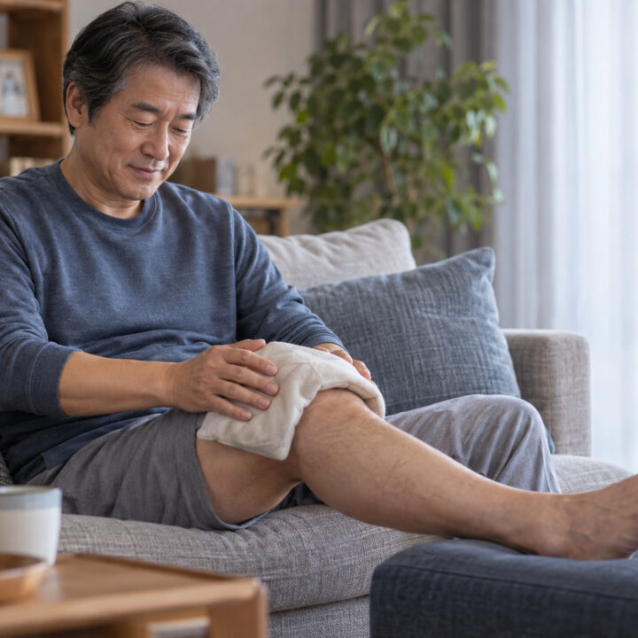 안산 무릎통증 치료 – 소파에 앉은 남성이 한쪽 다리를 뻗고 무릎 위에 수건을 올려 손으로 감싸는 모습