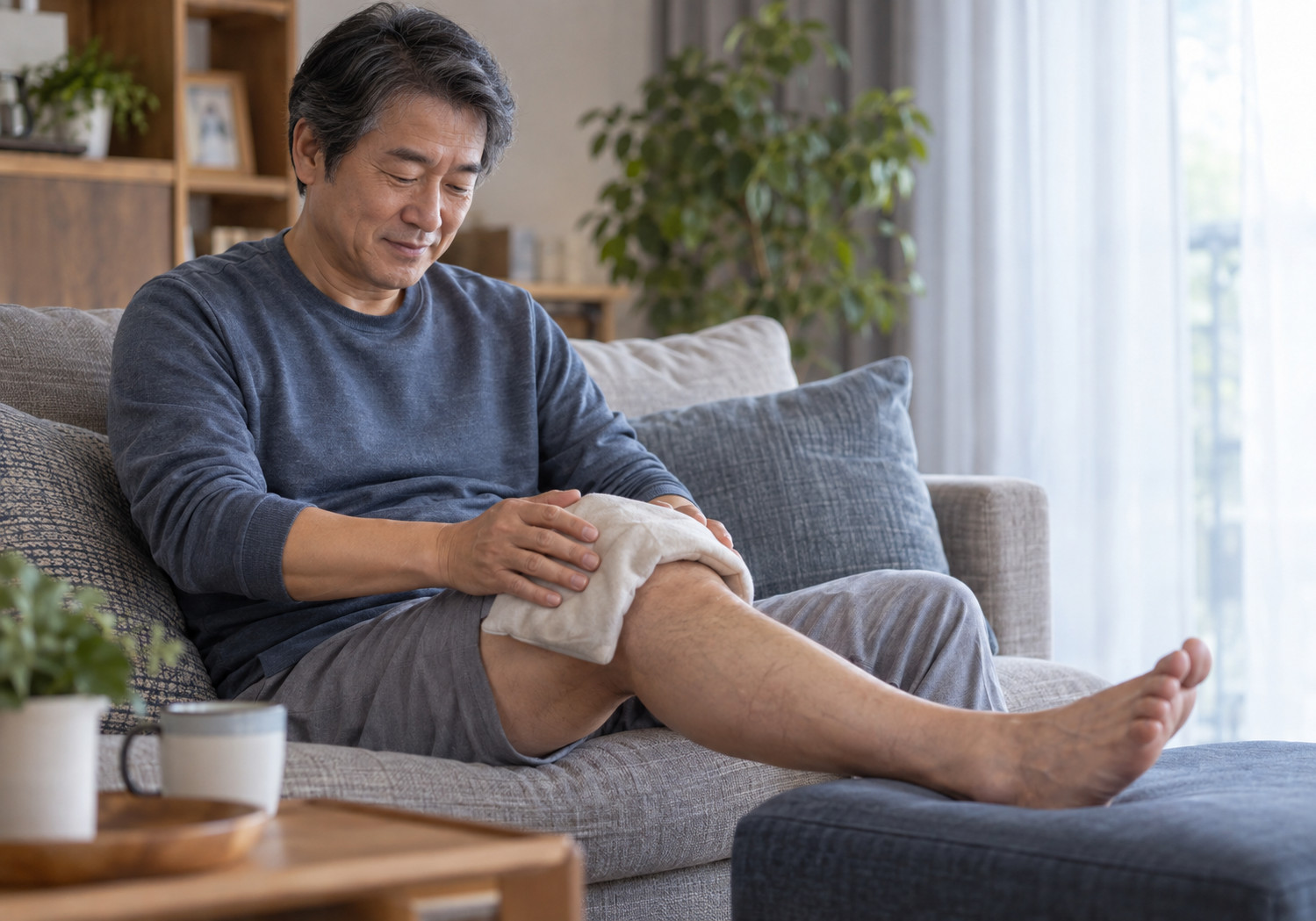 안산 무릎통증 치료 – 소파에 앉은 남성이 한쪽 다리를 뻗고 무릎 위에 수건을 올려 손으로 감싸는 모습