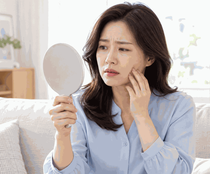 안산구안와사치료기간 – 거울을 보며 한쪽 얼굴의 움직임과 좌우 차이를 확인하는 여성